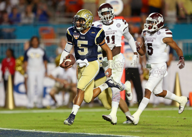 GT QB Justin Thomas runs into the end zone for a TD in the Orange Bowl against Miss. State (Photo Courtesy of Mike Ehrmann/Getty Images)