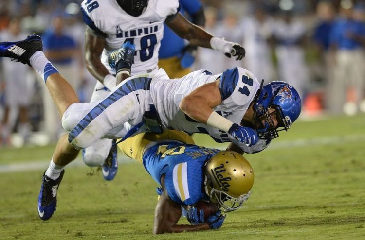 Memphis DE Jackson Dillon makes tackle against UCLA (Photo Courtesy of Jayne Kamin-Oncea/USA TODAY Sports)
