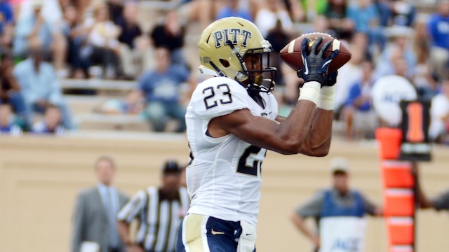 Sep 21, 2013; Durham, NC, USA;  Pitt Panthers receiver Tyler Boyd (23) scores a touchdown against the Duke Blue Devils during the first half at Wallace Wade Stadium. Mandatory Credit: Rob Kinnan-USA TODAY Sports