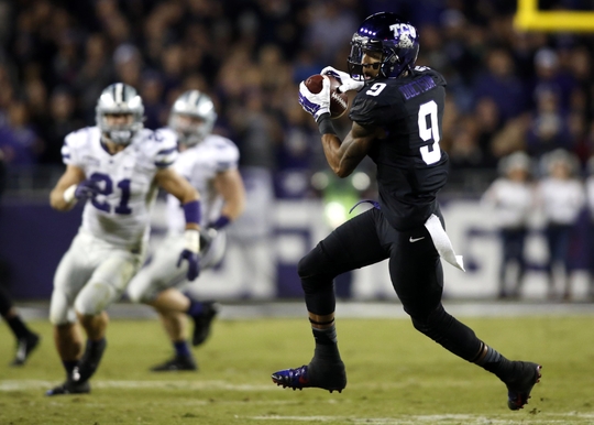 Nov 8, 2014; Fort Worth, TX, USA; TCU Horned Frogs wide receiver Josh Doctson (9) catches a pass in the first quarter against the Kansas State Wildcats at Amon G. Carter Stadium. Mandatory Credit: Tim Heitman-USA TODAY Sports