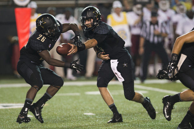 VU RB Ralph Webb takes a handoff from QB Patton Robinette (Photo Courtesy of AP Photo/Brian Powers)