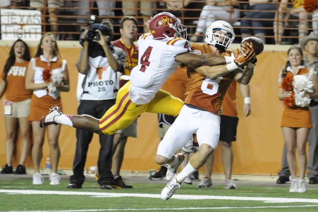 Oct 18, 2014; Austin, TX, USA; (Editor's Note: Caption Correction) Iowa State Cyclones cornerback Sam E Richardson (4) interferes with a reception attempt by Texas Longhorns wide receiver Jaxon Shipley (8) during the second half at Darrell K Royal-Texas Memorial Stadium. Texas beat Iowa State 48-45. Mandatory Credit: Brendan Maloney-USA TODAY Sports